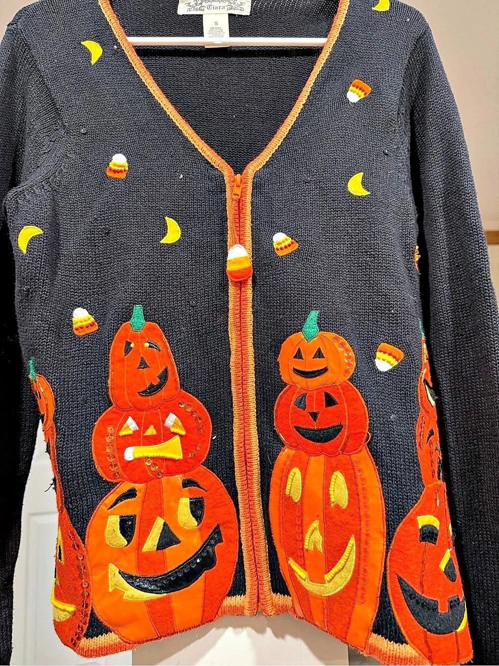 Vintage Tiara Halloween Pumpkin Embroidered Cardigan Size Small